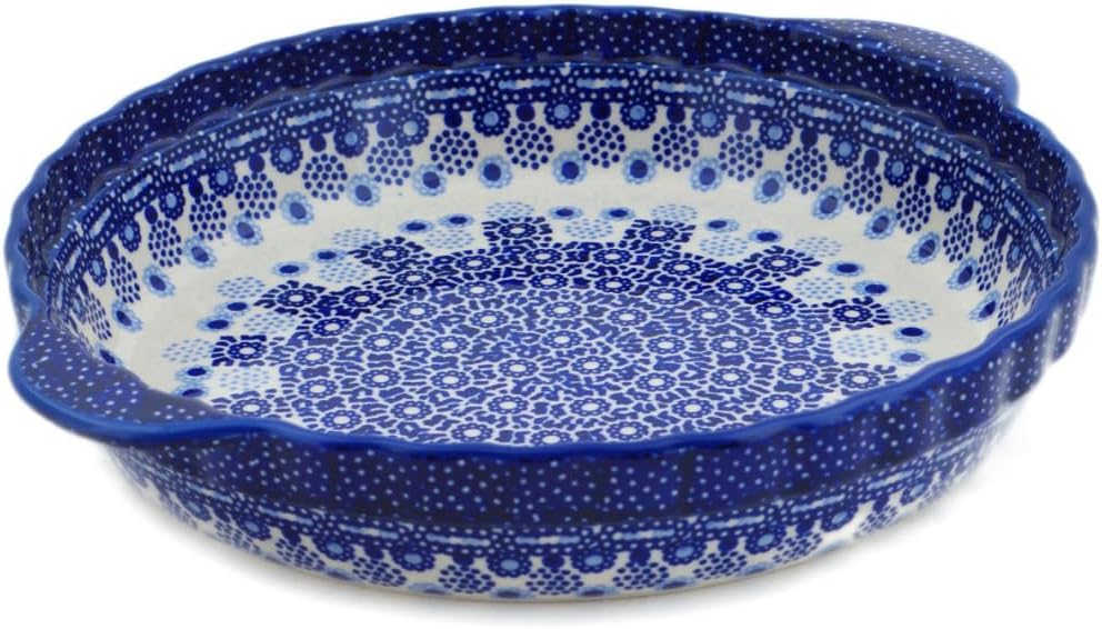 Polmedia Polish Pottery Pie Dish Fluted with Handles UNIKAT - Deep Sea Diving Pattern Handmade in Boleslawiec Poland + Certificate of Authenticity