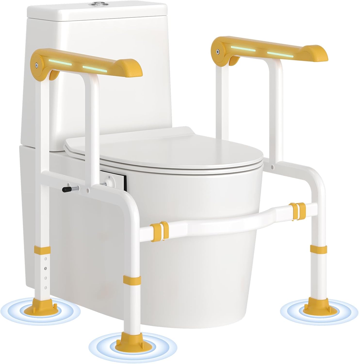 Toilet Safety Rails for Elderly & Disabled with Glow-in-the-Dark Handles, 450 lbs Heavy-Duty Frame, Flip-Up Arms, Dual Lock (Suction & Clamp), Adjustable No-Wobble Support, Yellow