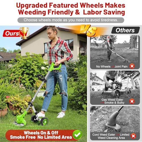 Cordless Garden Strimmers,Electric Cordless 21v Grass Strimmer with 2 X 2000mAh Battery, Adjustable Metal Blades,Garden Trimmer Telescopic Lightweight with Roller for Gardens,Park Lawns - Image 4