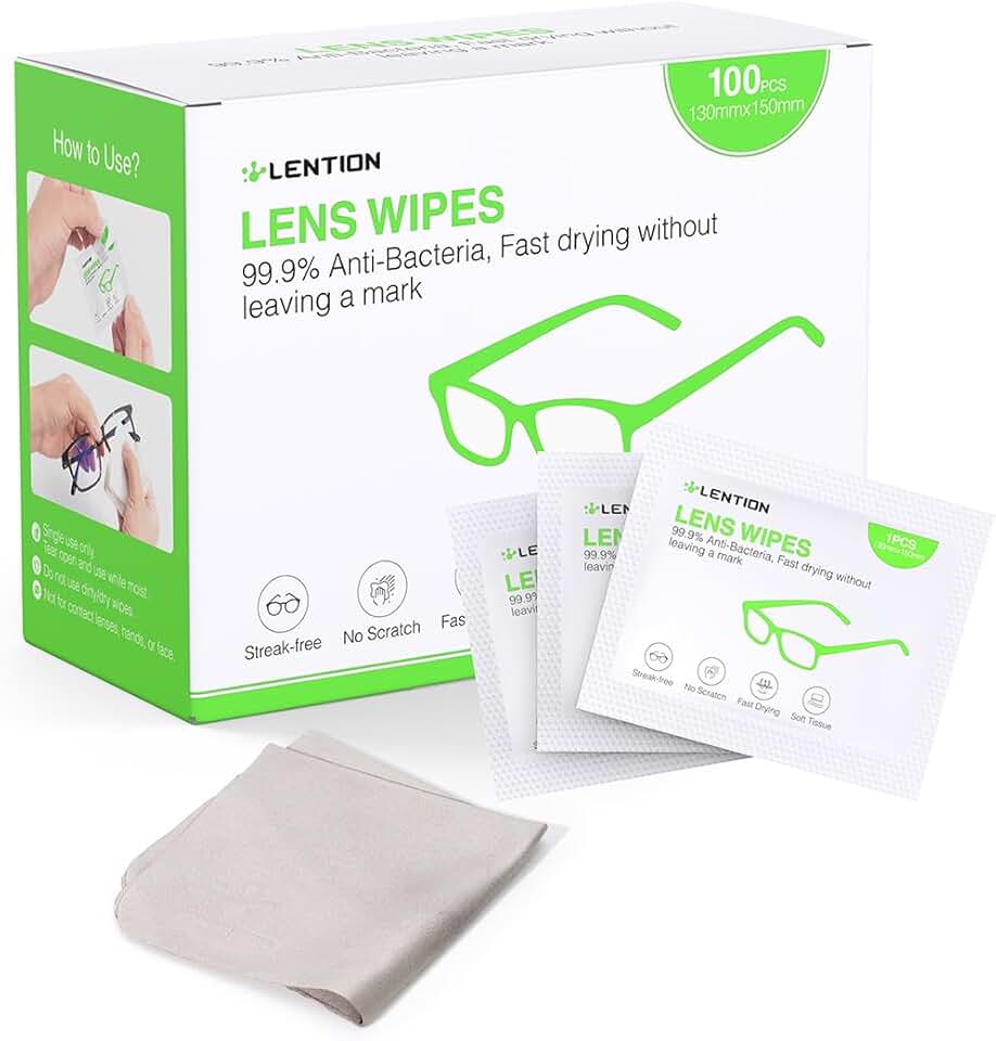 LENTION Lens Wipes,Limpa Oculos 100 Unidades Lenços Umedecidos para Limpeza de Lentes, Pré-umedecidos, para Óculos, Câmeras, Embalados Individualmente (100 pcs)