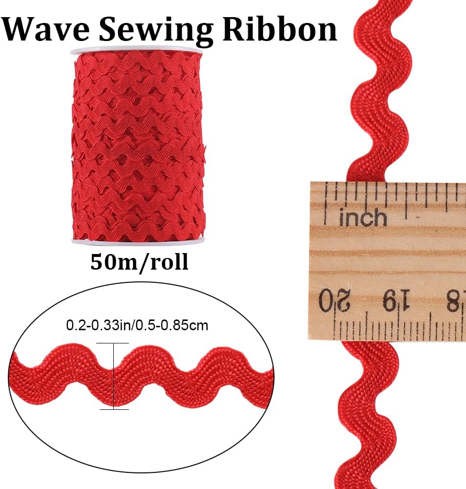 GORGECRAFT 54.6Yds/50m RIC Rac Trim Ribbon Red Wave Bending Fringe Trim 0.2"/5mm Woven Braided Webbing Edge Lace for Christmas Sewing Crafts Dress Embellishment Wedding Party Gift Wrapping Bows Decor