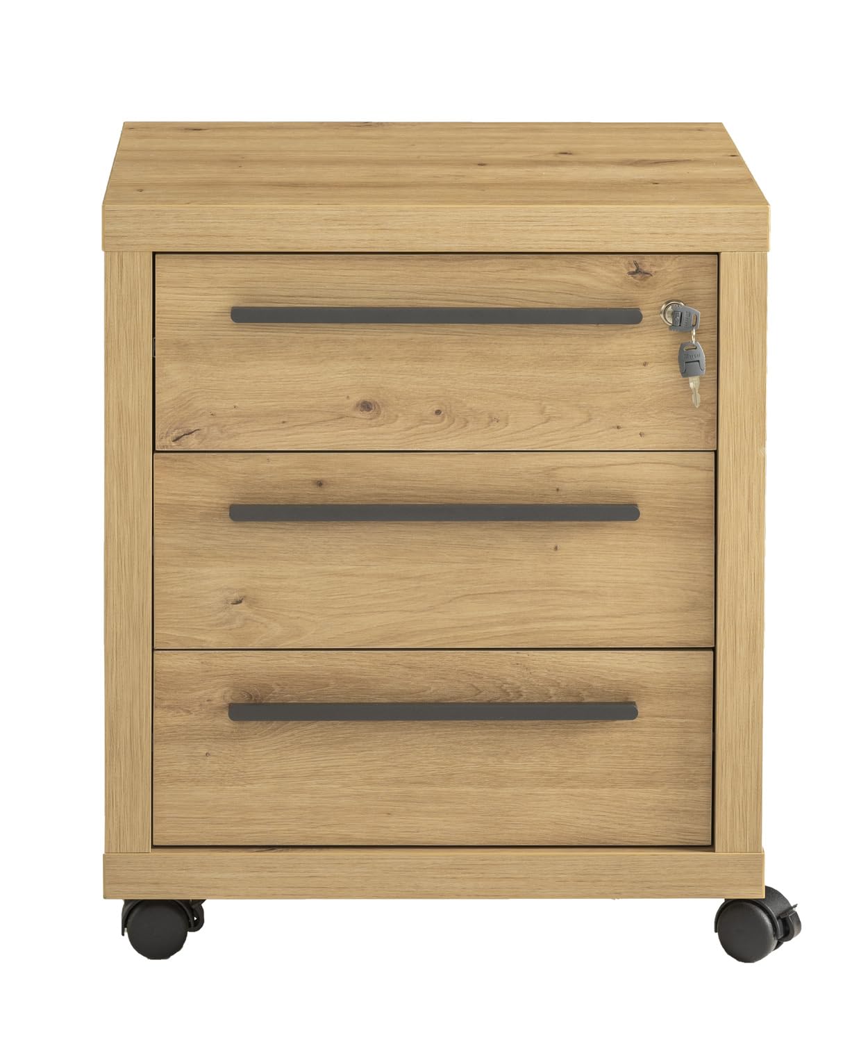 Composad | Cassettiera della Linea RILEGA con 3 Cassetti, Serratura e Ruote, Cassettiera Ufficio Moderna, Archivio, (LxAxP) 53,6x63,4x44,7 cm, Rovere Oak Mielato, Made in Italy