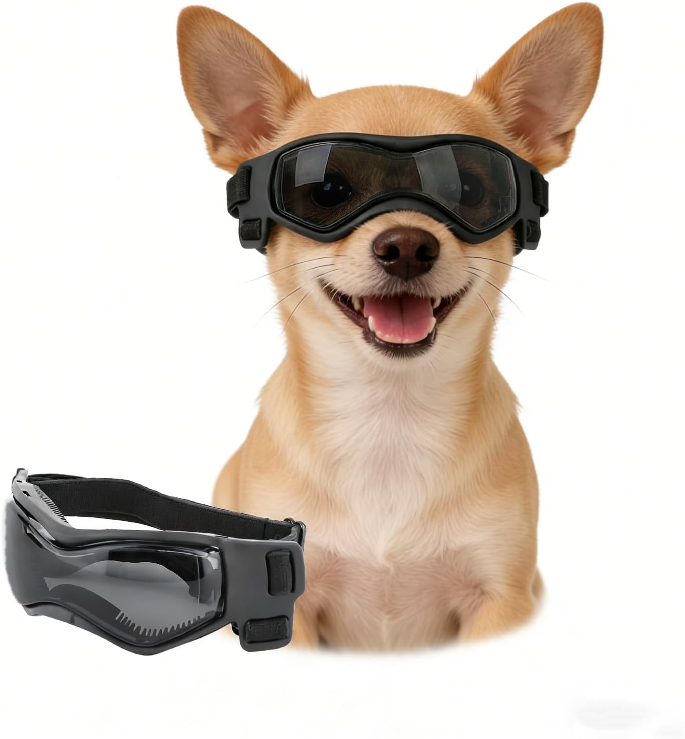 Enjoying Dog Sunglasses Small Breed, Dog Goggles UV Protection, Cycling Eye Protection for Small Dogs, Outdoors Breathable Windproof Dustproof Anti-Fog, Adjustable Straps, Cool Black