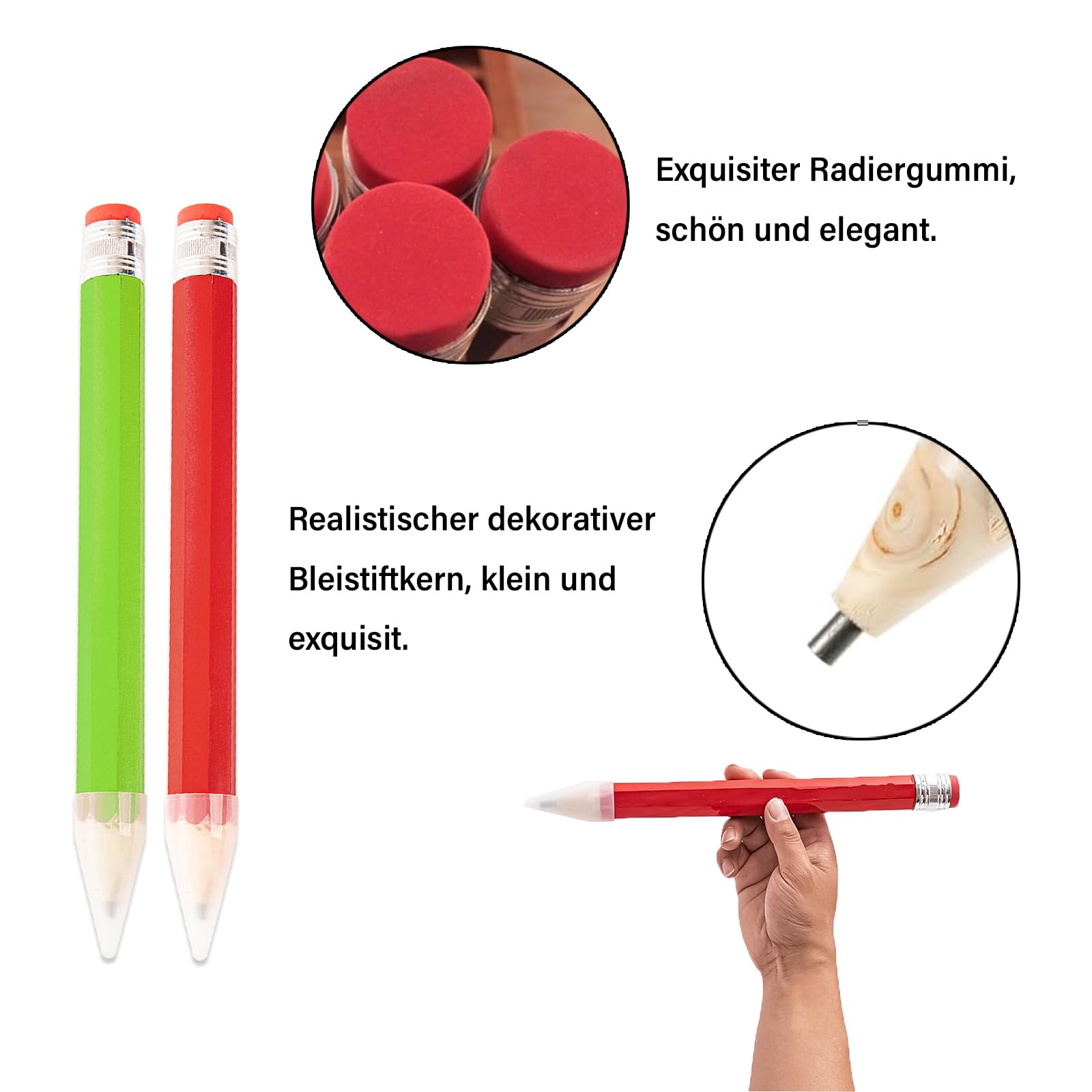 2 Riesen-Bleistifte Aus Holz, 34 Cm Lang – Mit Radiergummi & Kappe, Perfektes Spielzeug & Geschenk Für Kinder & Kreative