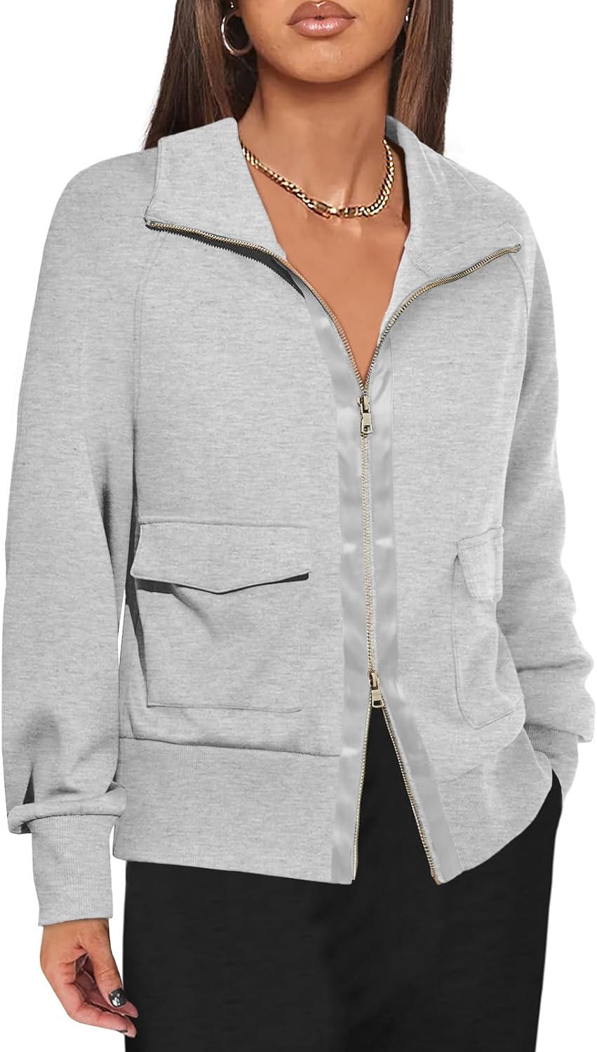 Fisoew Women's Zip up Sweatshirt Collared Neck Long Sleeve Loose Casual Lightweight Jacket with Pockets