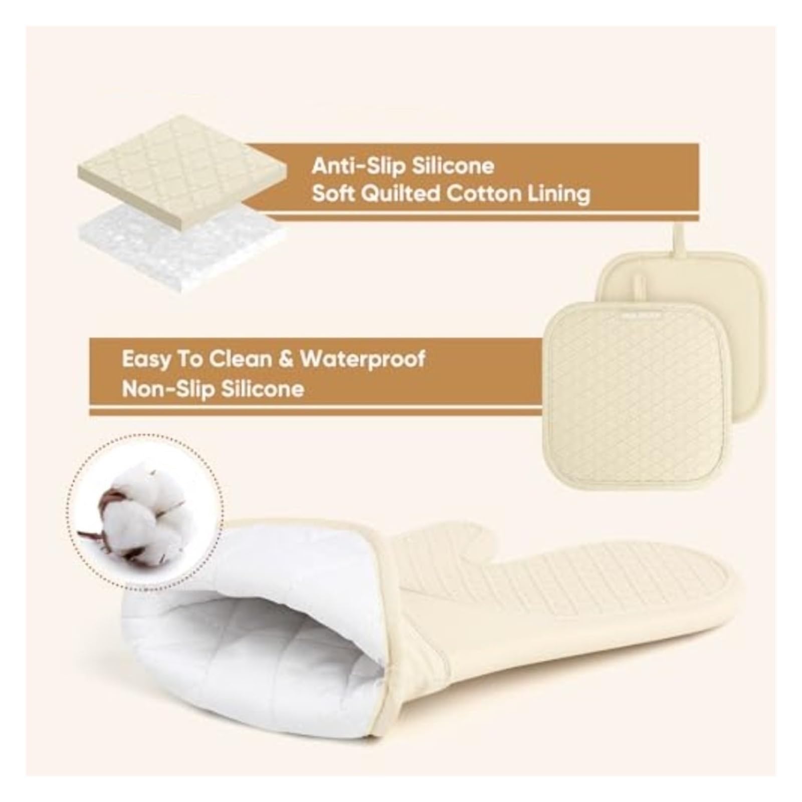Manoplas de horno de silicona, guantes de cocina con forro de algodón | 14 x 7 pulgadas, impermeables, para cocina y barbacoa(Beige)