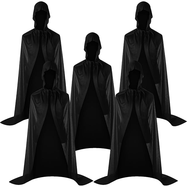 Janmercy 5 Pcs Halloween Black Adult Cloak with Hood Unisex Hooded Cloak Cape Robe for Women Men Cosplay