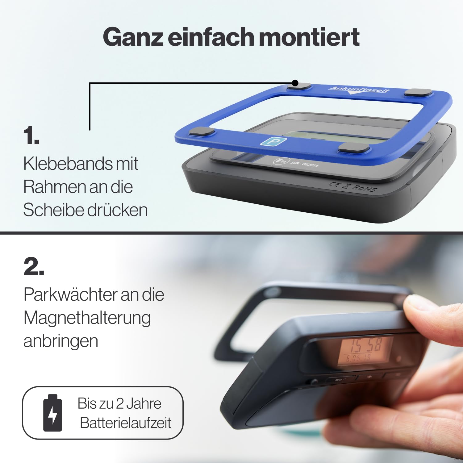 Parkwächter V0 Digitale Parkscheibe mit 2 Scheibenadapter, entspricht der Straßenverkehrsordung, elektronische Parkuhr für das Auto in blau 111 x 72 x 25 mm