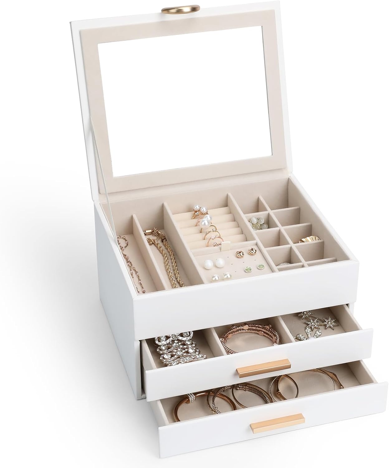 Elegant Jewelry Storage Box with Mirror 3-Tier Design with Smooth-Gliding Drawers Jewelry Organizer Perfect Christmas Birthday Gift for Wife Mom Women White