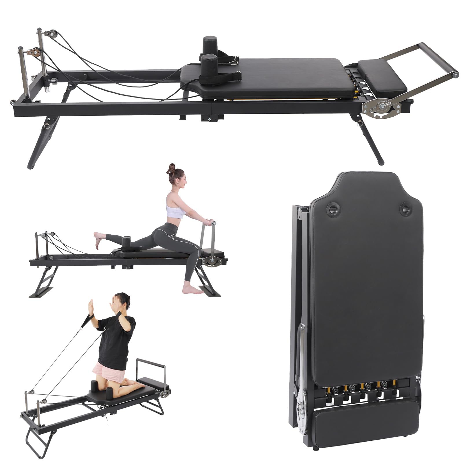 Foldable Pilates Reformer Machine, Multifunctional Yoga Fitness Equipment, for Home Fitness & Stress Relief (Black)