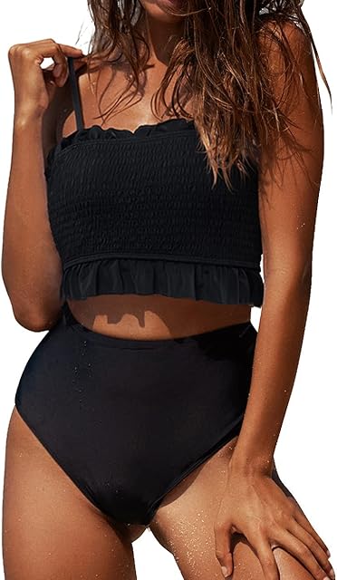 RXRXCOCO High Waisted Bikini Set for Women Strapless Bikini Bandeau Ruffled Bikini Padded 2 Piece