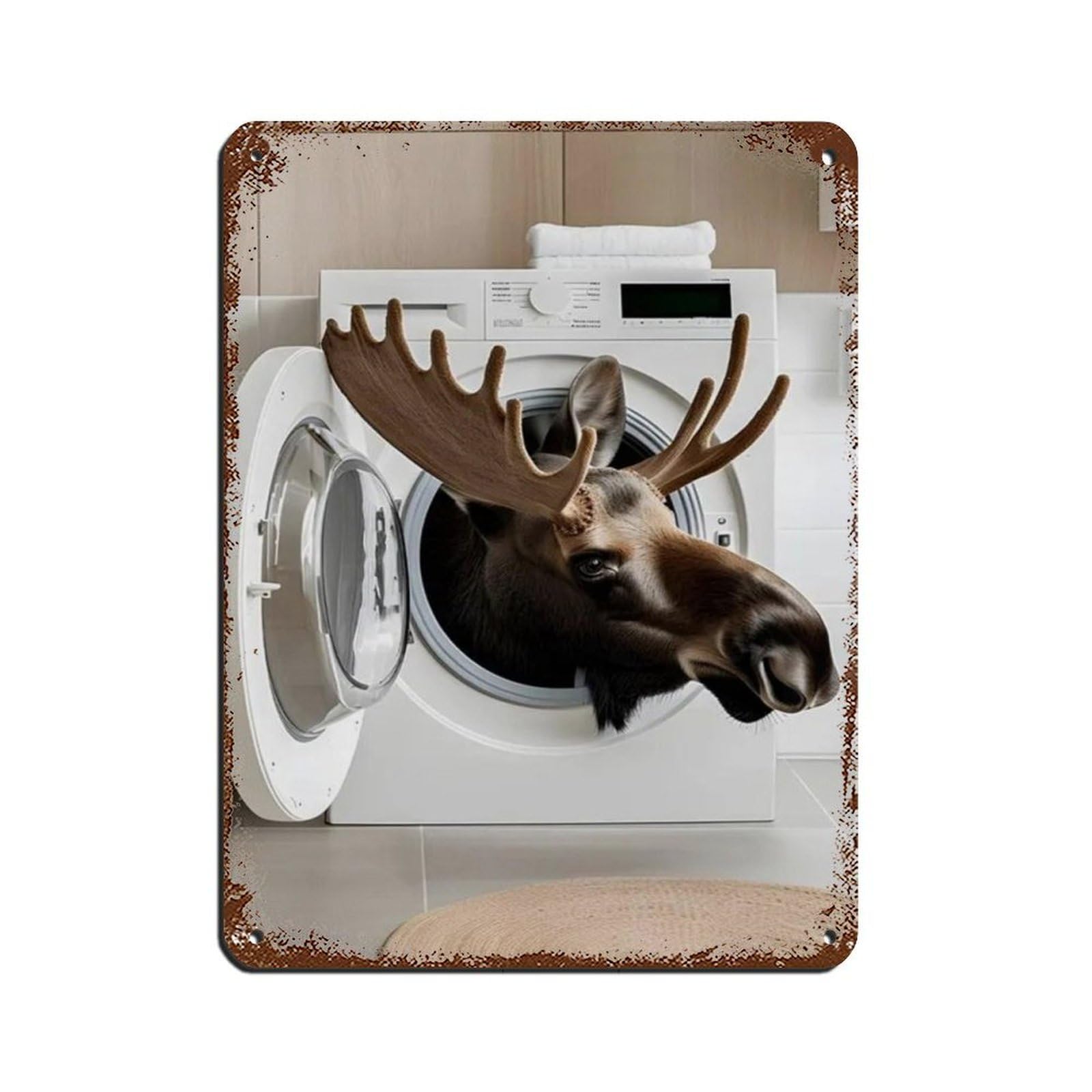 Moose in A Washing Machine, Funny Bathroom Art Retro Poster Metal Tin Sign Chic Art Retro Iron Painting Bar People Cave Cafe Family Garage Poster Wall Decoration 12x16inch(30x40cm)