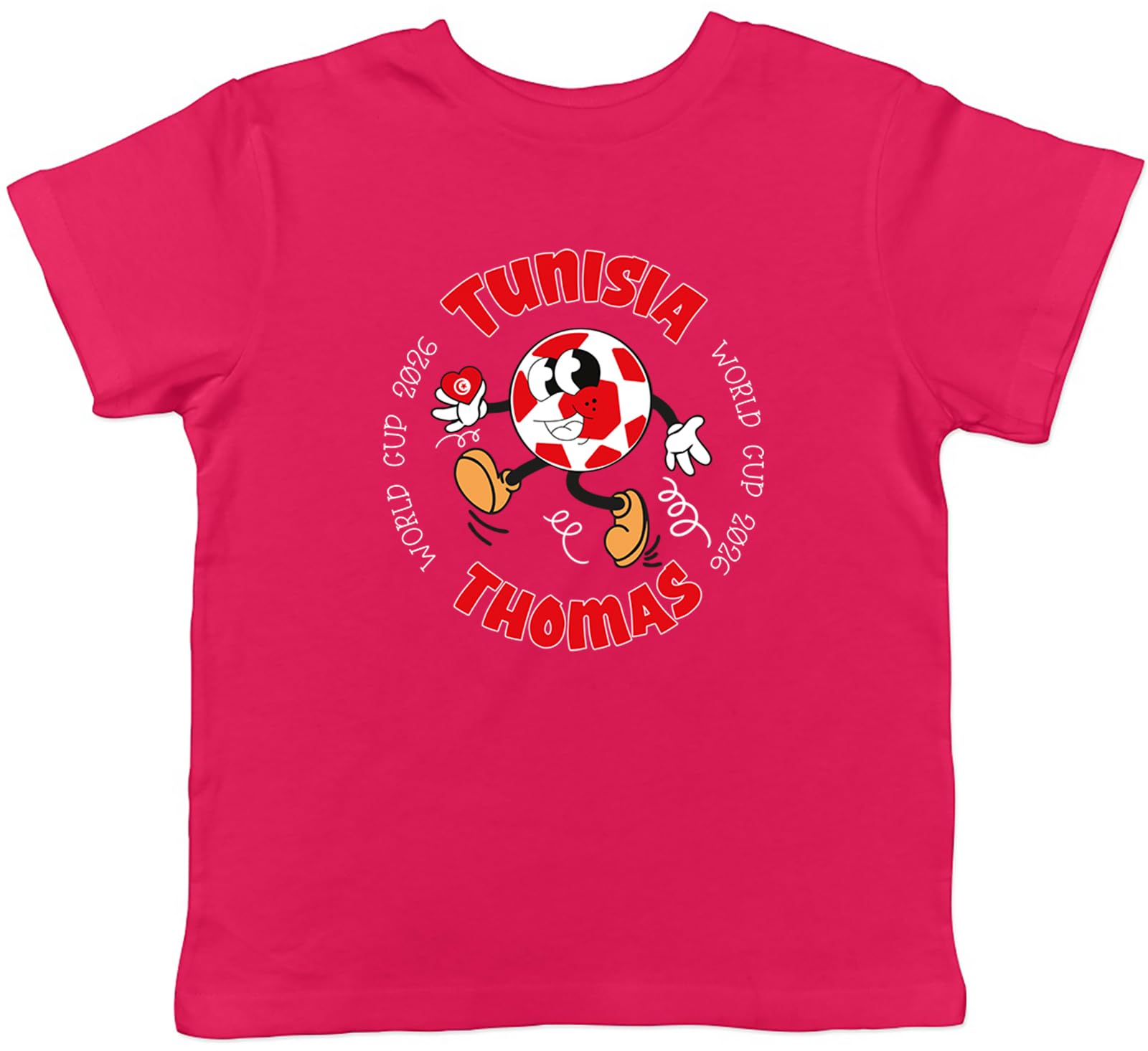Shopagift Personalised Tunisia World Cup Heart Football Fan Kids T-Shirt Childrens Tee Boys Girls Pink