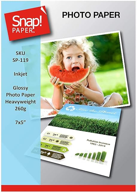 SNAP Inkjet 7x5 (13x18cm) Glossy Photo Paper 260gsm Heavyweight Premium Instant Dry and Water Resistant x 50 Sheets SP-119-50