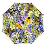 Nuansexi Travel Automatic Umbrella Spring Colorful Flowers Compact Folding Reverse Water Repellent G