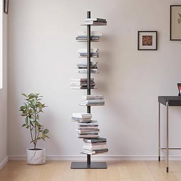 BTZHY Bookshelf, 9-Tier Metal Spine Bookshelf, Vertical Spine Bookshelf Tower, Tall Narrow Bookcase, Corner Bookshelf for Small Space, Multipurpose Display Book Shelf for Home OfficeBlack