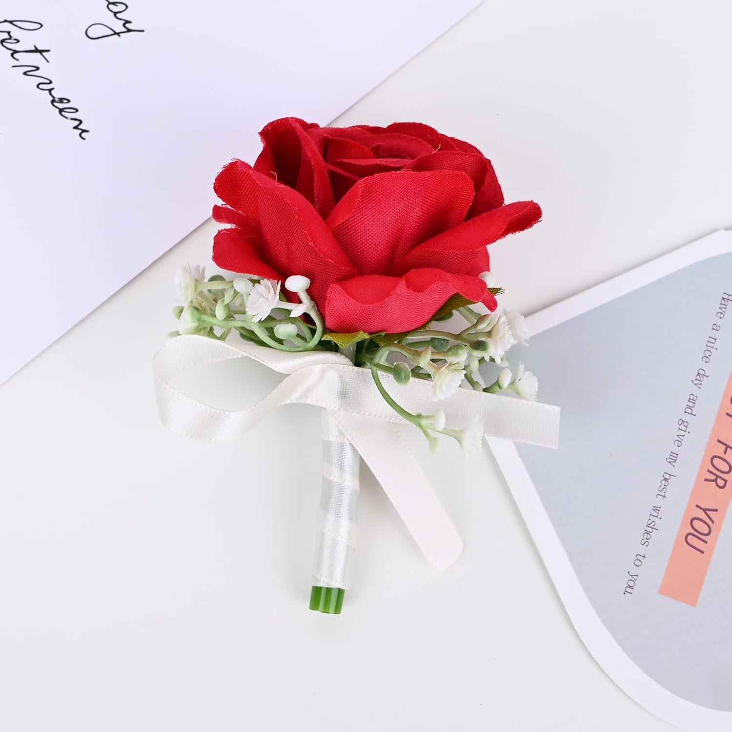 MAFELOE 2 Pieces Party Prom Homecoming Artificial Rose Wrist Corsage and Boutonniere Set, Groom Groomsmen Bride Bridesmaids Wedding Simulation Flowers Accessories Suit Decorations - Red - Image 2