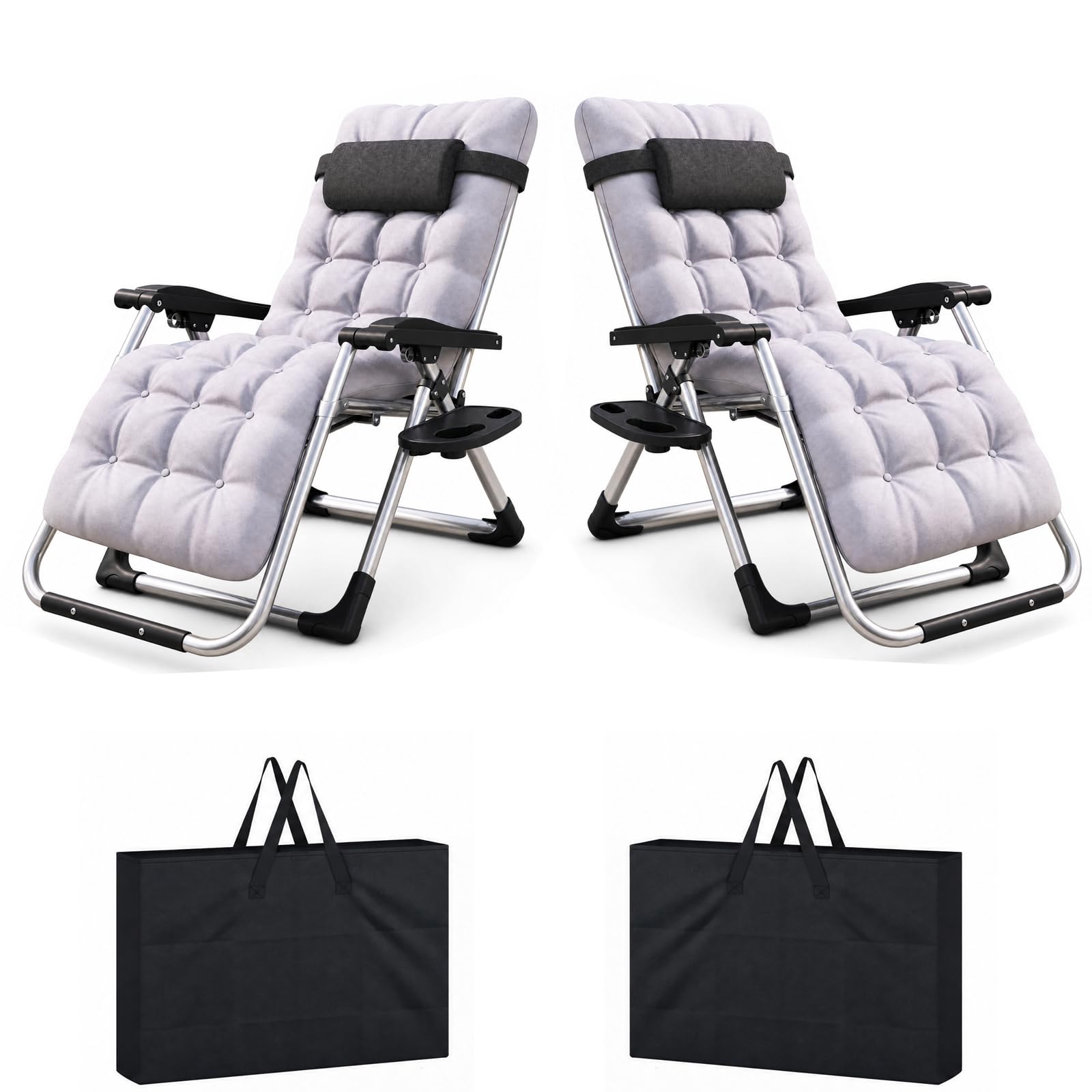 BSESEL Folding Outdoor Zero Gravity Chair Reclining Patio Lawn Chairs with Bag, Soft Cushion & Cup Holder Garden Beach Deck Sun Lounger Recliner Chair for Camping Holidays (2PCS Grey Chairs)