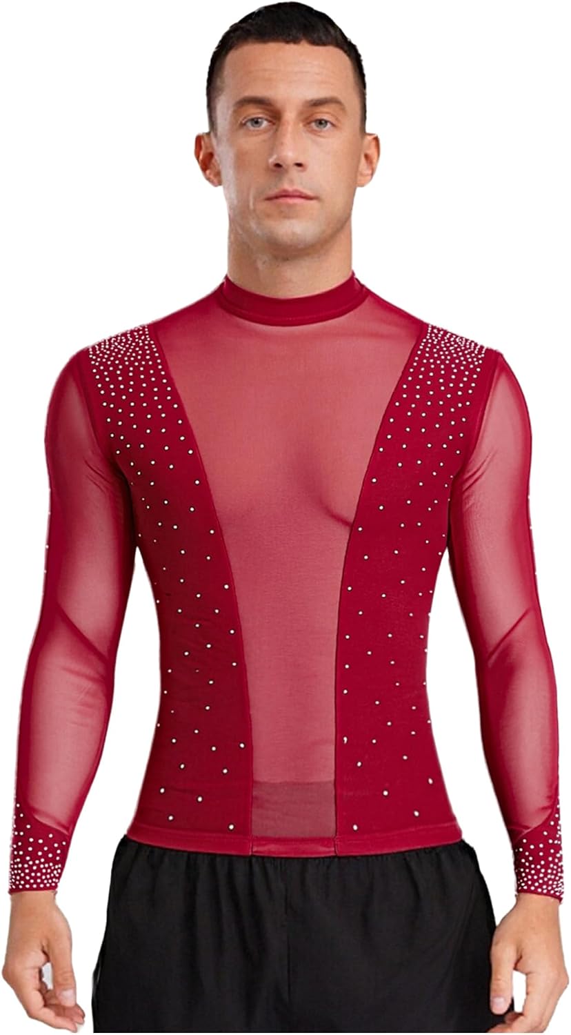 FEESHOW Men's Latin Dance Top Mock Neck Long Sleeve Ballet Shirt Samba Salsa Tango Ballroom Dance Tops