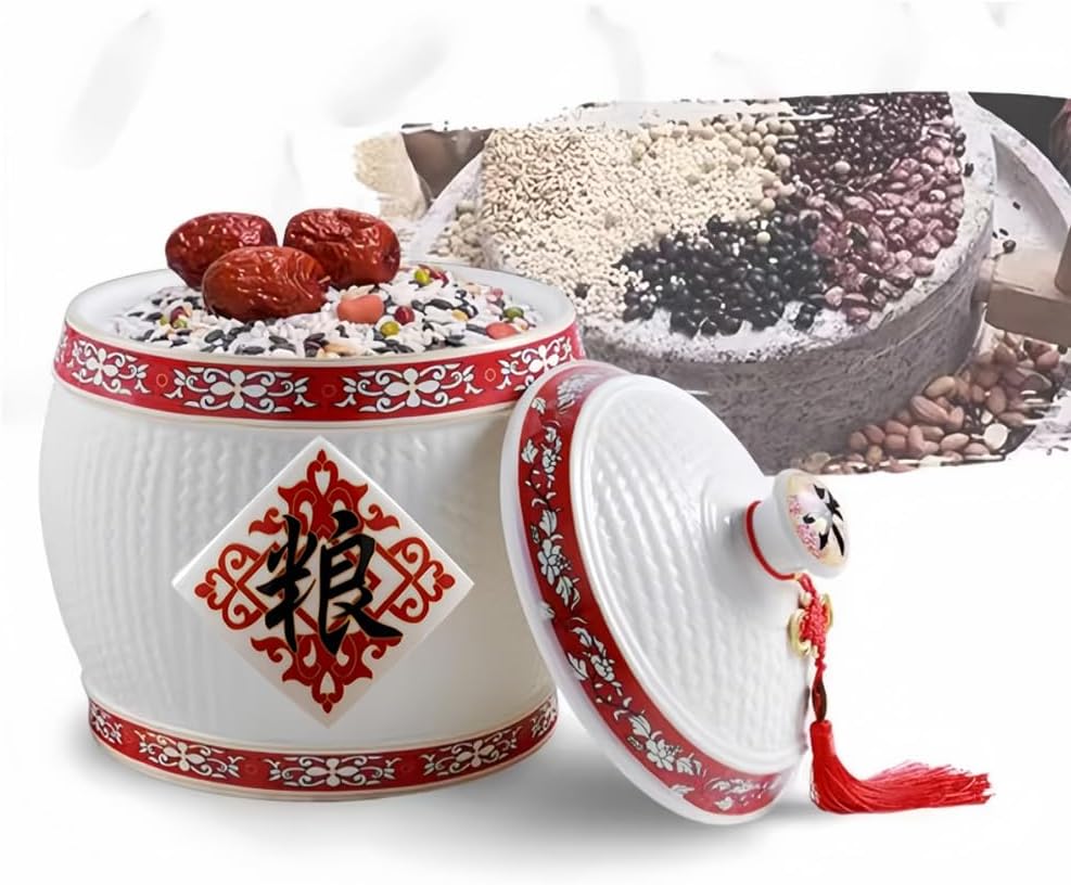 Grain Dispenser Ceramic Rice Dispenser Storage Grain and Rice Storage Container Chinese Storage Container Large Capacity Food Dispenser Airtight Rice Dispenser. 7.5kg