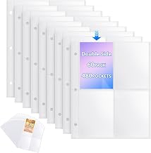 Trading Card Sleeves, Pack of 60 Transparent Trading Card Sleeves Double-Sided 480 Pockets, 4 Pockets Side Protection, Transparent Cards Photocard Sleeves Holes Ring Binders for Collecting All Types (A)