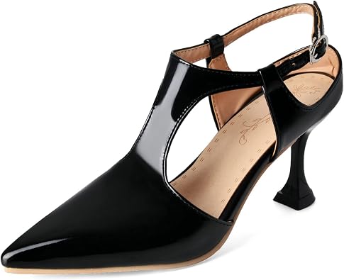 KysBloes Women Pointed Toe Slingback Pumps T Strap Kitten Heel Mary Janes Stiletto Patent Leather Ankle Strap Pumps