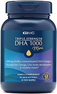 GNC Triple Strength DHA 1000 Mini Omega 3 Supplement, 1000mg, Ultra Concentrated, High Potency, Supports Brain Development and Healthy Vision, Burpless, 90 Mini Softgels, 45 SVG, 45 Day Supply