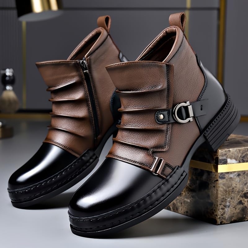 Men's British Retro Work Boots - Short Ankle Lace-Up with Zipper Closure, Round Toe & Chunky Sole for All-Season Casual Wear