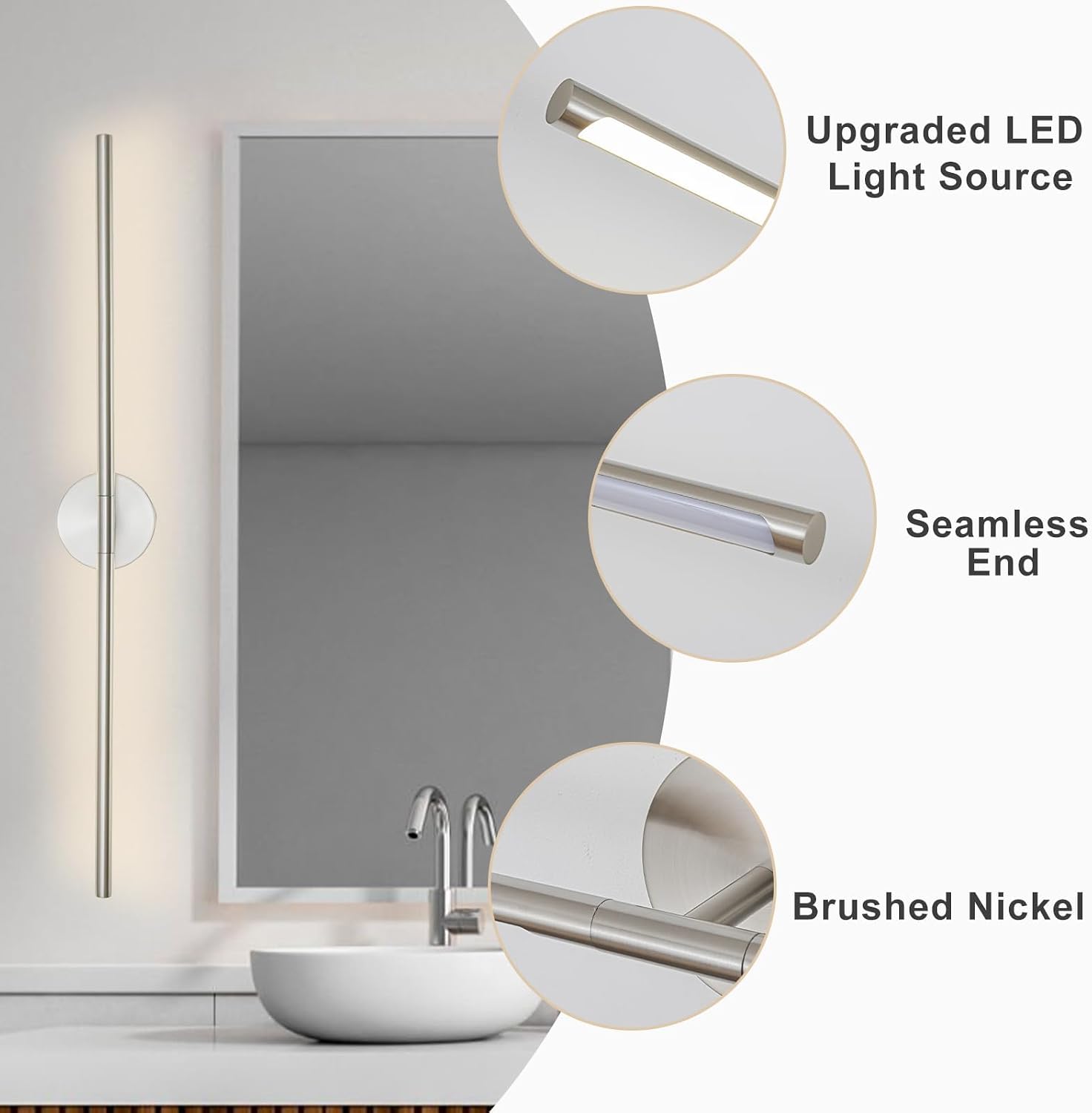 Brushed Nickel Bathroom Light Fixtures Over Mirror 43 Inch, 33W 360° Rotatable Dimmable 4000K LED Vanity Light Bar, Modern Bathroom Vanity Lights Above Mirror image 4
