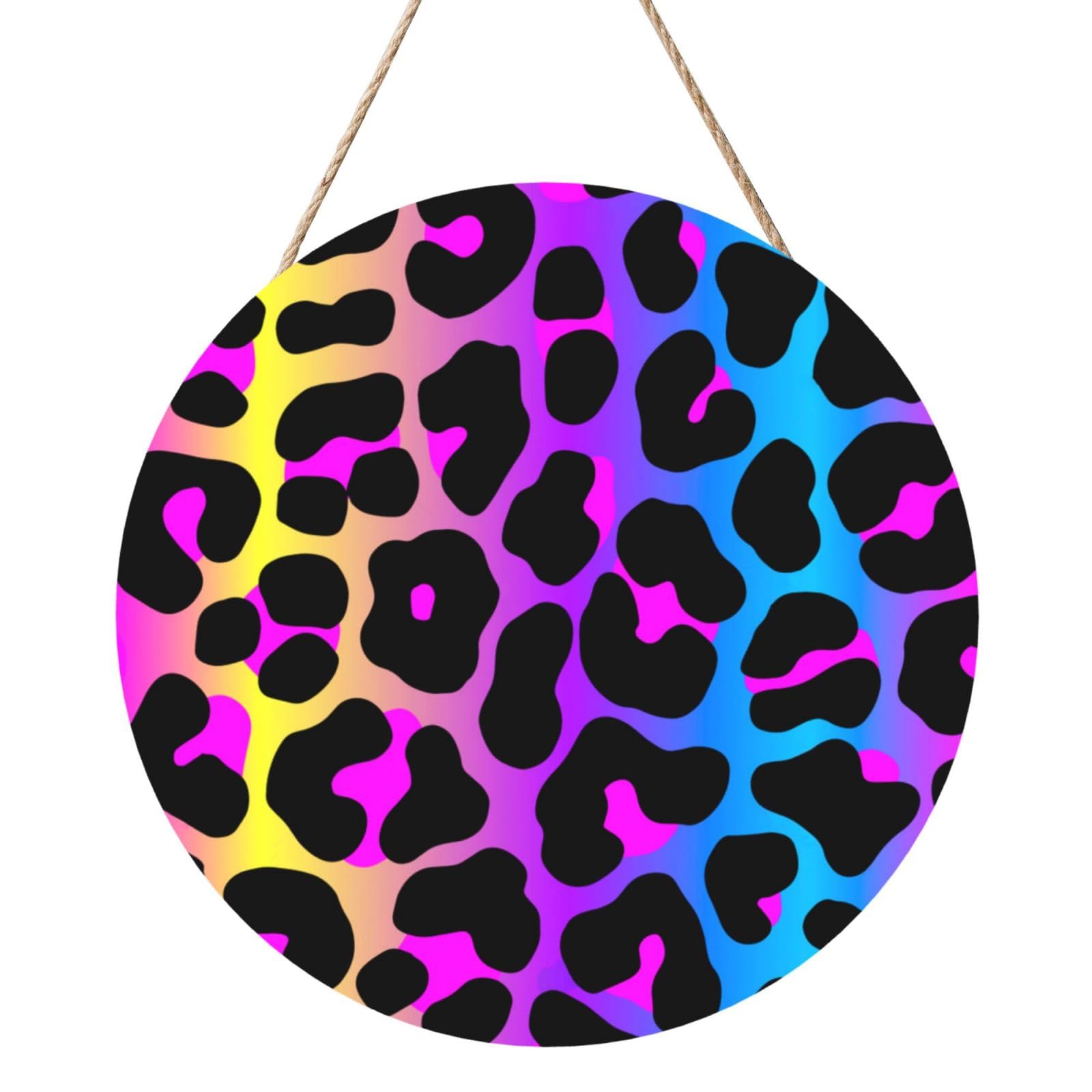 InOmak Neon Leopard Print, Round Wood Panel Painting 12 in, Wall Hanging Painting For Home