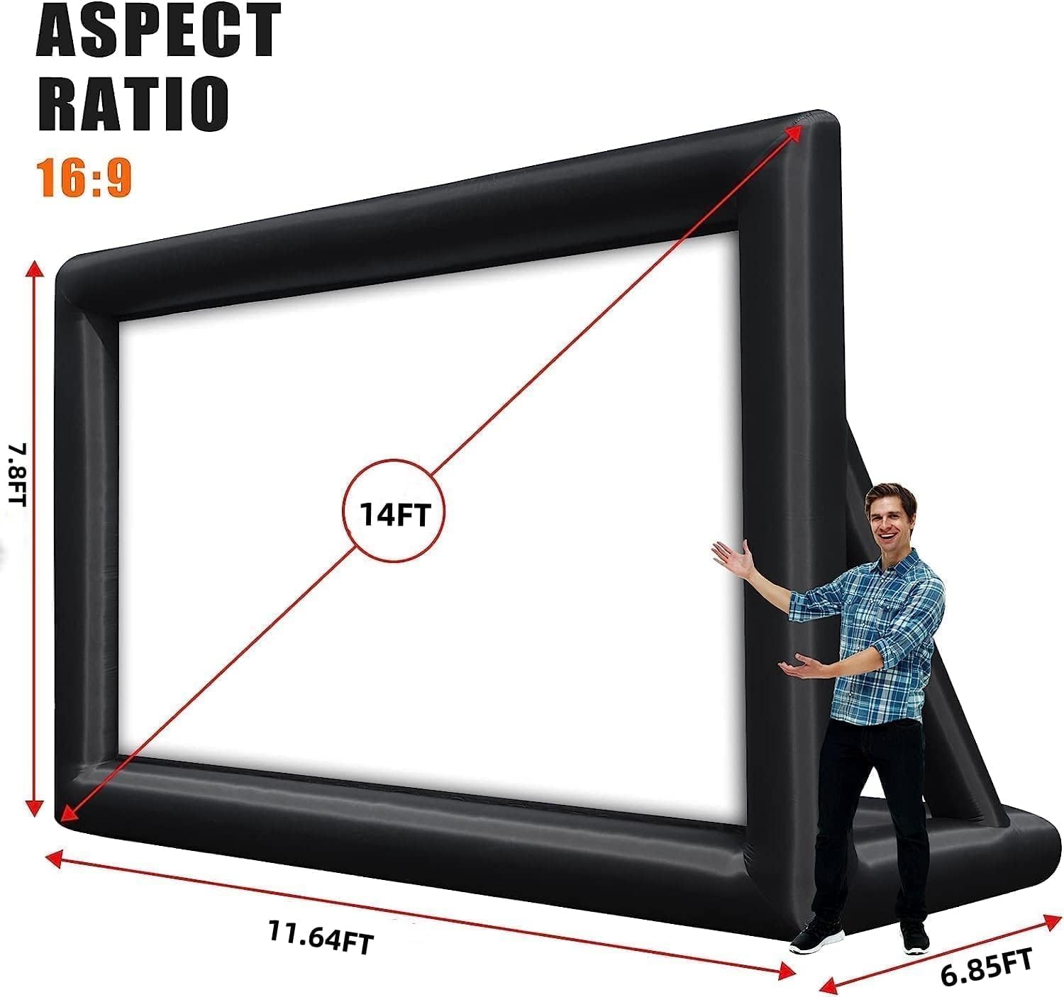 Inflatable Projector Screen, 14FT Portable Blow Up Projector Screen, Front & Rear Projection, with Rope, Air Blower, Ground Nails and Carry Bag, for Football, Backyard, Theater