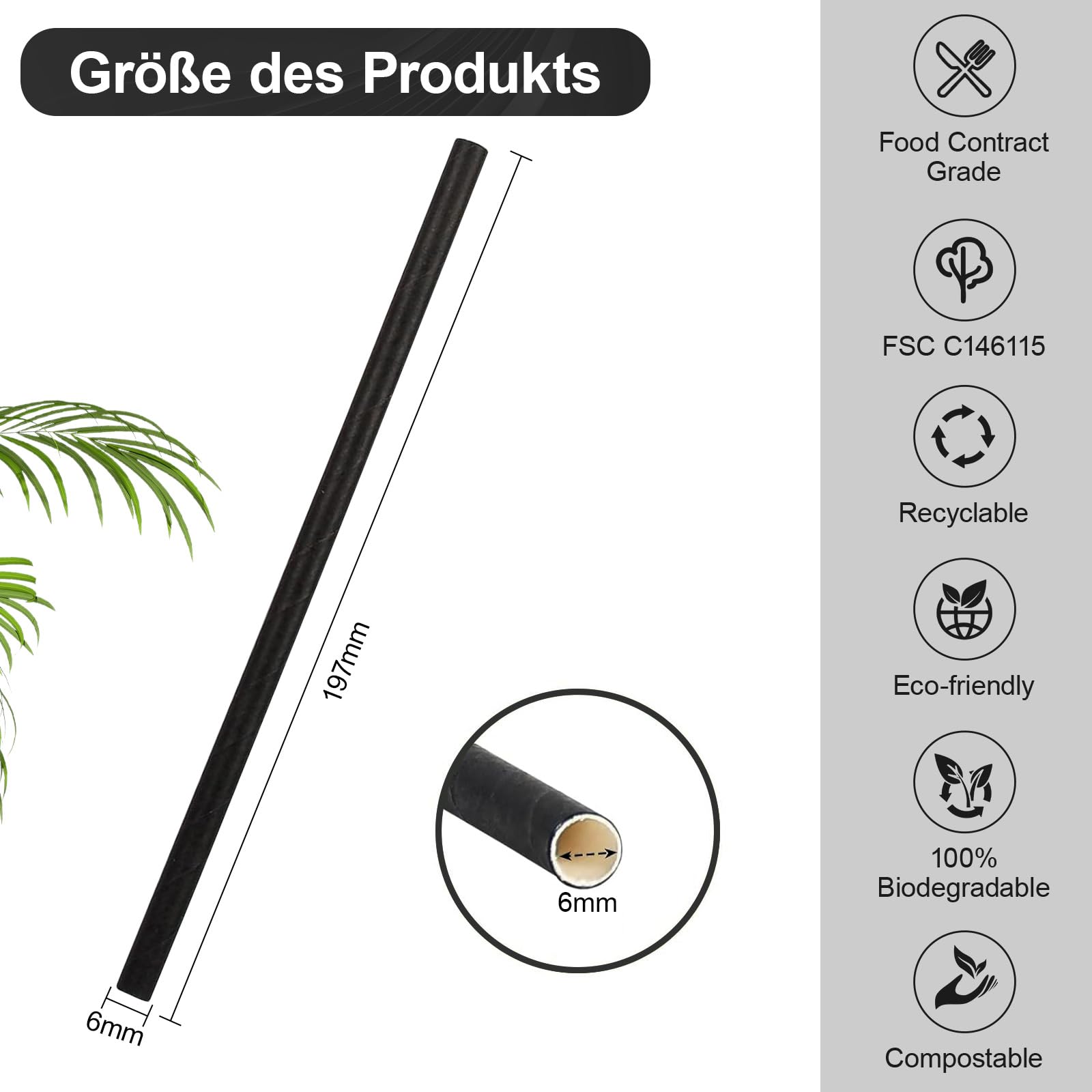 Schwarze Papierstrohhalme 510 Stück, Strohhalme Papier 19.7 cm x 0,6 cm Biologisch abbaubar, Einweg Cocktails Trinkhalme für Cocktails, Kaffee und Mixgetränke
