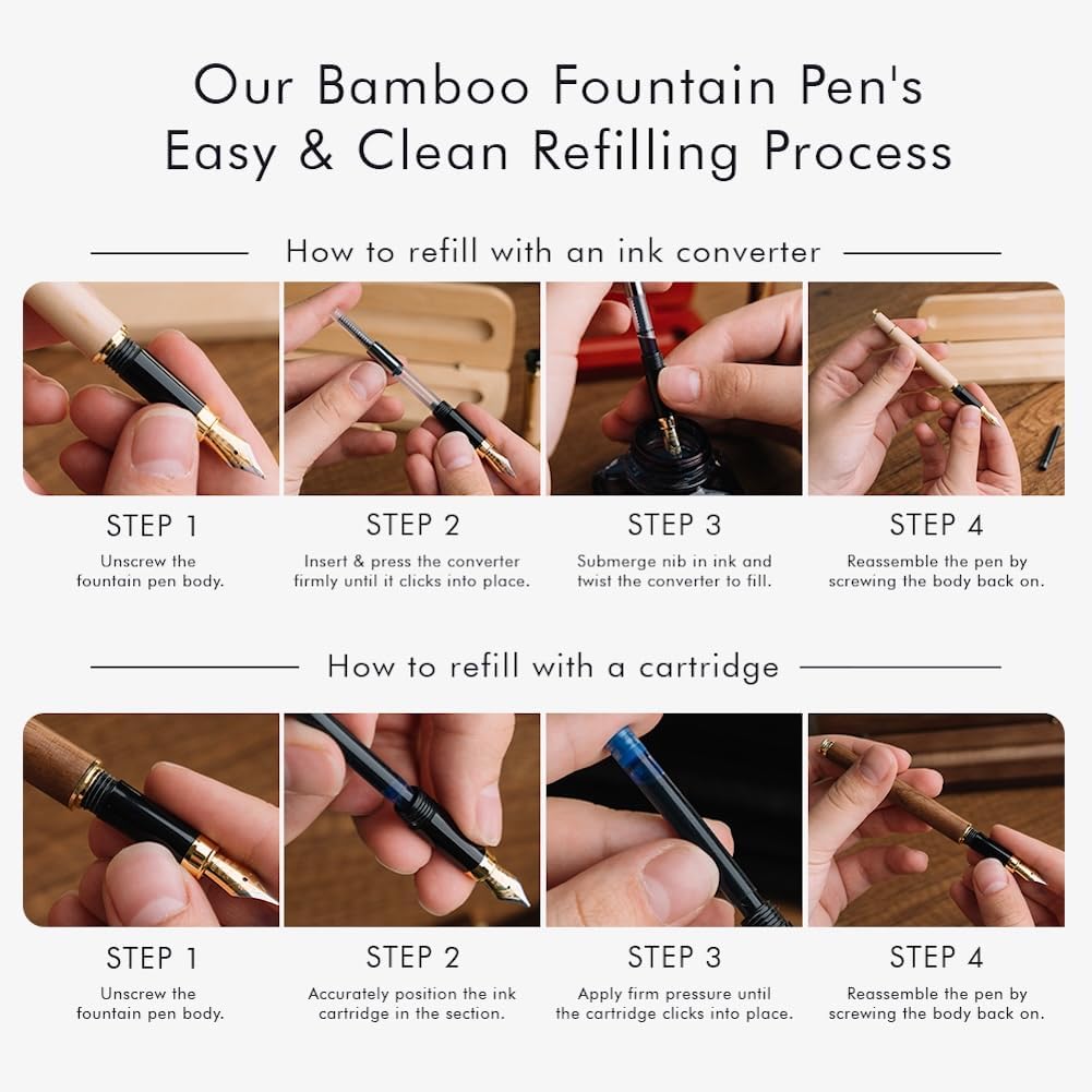 Wordsworth & Black Fountain Pen Set, Luxury Bamboo Wood - Medium Nib, Gift Case; Includes 6 Ink Cartridges, Ink Refill Converter -Journaling, Calligraphy, Drawing, Smooth Writing [Brown Wood]