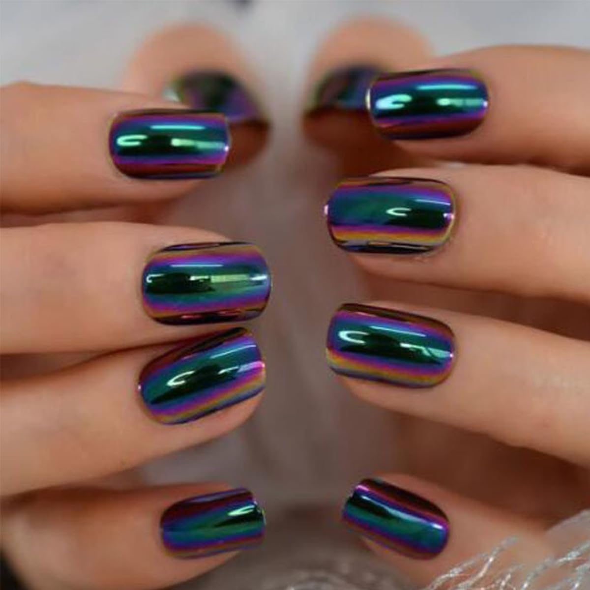Square Press On Nails - Short Chrome Design for Manicure