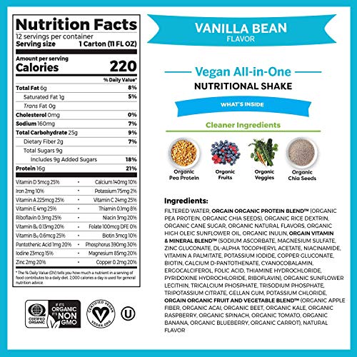 Orgain Organic Vegan Plant Based Nutritional Shake, Vanilla Bean - 16G Protein, 21 Vitamins & Minerals, 12 Count & Organic Plant Based Protein Bar, Chocolate Chip Cookie Dough - Vegan, 1.41 Ounce #TOP2