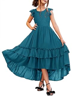 Girls Lace Boho Flower Girl Dress Ruffle Sleeve A-Line Formal Dresses for Wedding Party 6-12 Years - Buy now