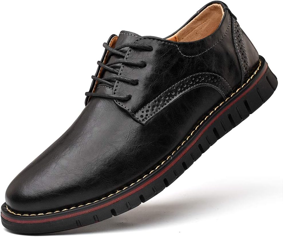 Men`s Causal Leather Oxford Classic Formal Dress Shoes Round Toe Lace up Loafers Walk Business Oxford Black Size: 9.5