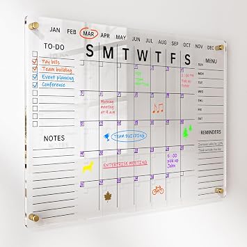 Acrylic Wall Calendar with Dry Erase Surface | 28x20 Clear Monthly Planning Board | Includes 8 Color Markers, Eraser, Multi-Color Standoff Screws, and Installation Kit | Perfect for Home & Office