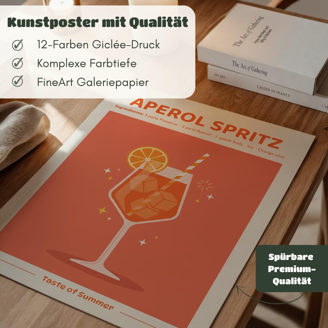 MJ-GRAPHICS® Poster Aperol Spritz Wandbild Sommer Getränk Deko minimalistisch Orange Küche Kunstdruck modern Wohnzimmer Bilder erfrischend stilvoll Farbakzent 50x70 mit schwarzem Rahmen