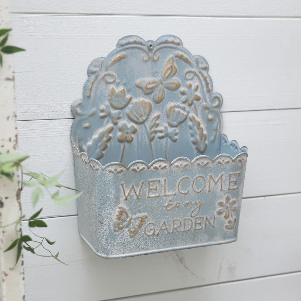 Decorative Hanging Wall Basket Shabby Chic Wall Planter for Indoor Planters Decor Blue Wall Planter Holder Metal Hanging Planter Wall Mounted Planter for Farmhouse Garden Wall Decor