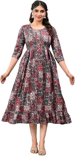 Women’s Cotton Floral Printed Maternity &amp; Nursing Midi Dress | Feeding Zip Dress for Mothers | Comfortable Fit &amp; Flare Pre...