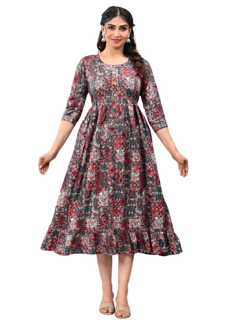 Women’s Cotton Floral Printed Maternity & Nursing Midi Dress | Feeding Zip Dress for Mothers | Comfortable Fit & Flare Pre...