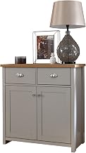 GFW Lancaster Compact Sideboard with 2 Drawers & Double Door Cupboard, Grey & Oak Effect Storage Cabinet for Living Room, Dining Room or Hallway
