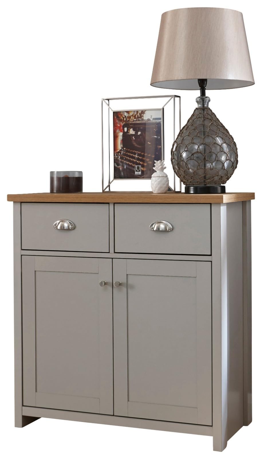GFW Lancaster Compact Sideboard with 2 Drawers & Double Door Cupboard, Grey & Oak Effect Storage Cabinet for Living Room, Dining Room or Hallway