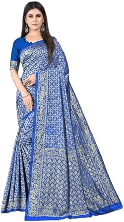 Womens Banarasi Silk Jacquard Kanjivaram Saree With Litchi Silk Unstitched Blouse Piece.Silk Kasturi Royal Blue_Royal Blue Gold