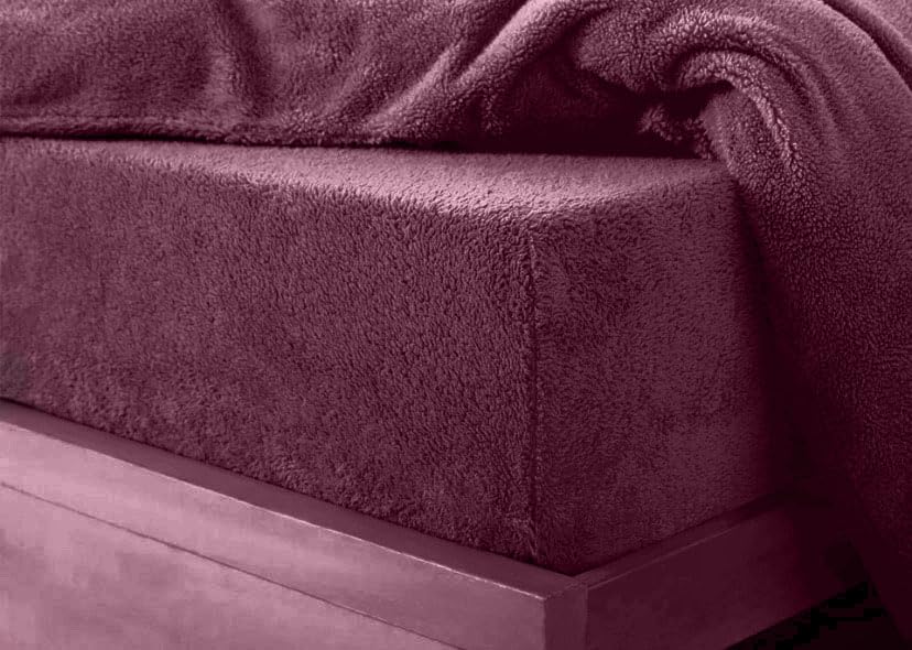 Premium Teddy Sherpa Fleece Fitted Bed Sheet, Super Soft & Cosy Thermal Warm Elasticated Fluffy Plush Plain Cuddly Fitted Sheets Bedsheet, (Plum - King)