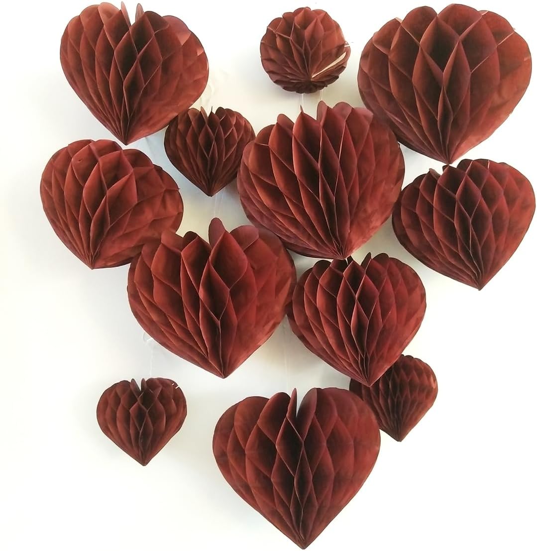 Heart Tissue Paper Pom Poms Paper Honeycomb Ball Hearts Decorations 12pcs 4" 6" 8" Perfect for Party Decor Wedding Valentine's Day Engagement Bridal Shower Baby Shower Birthday (Burgundy)