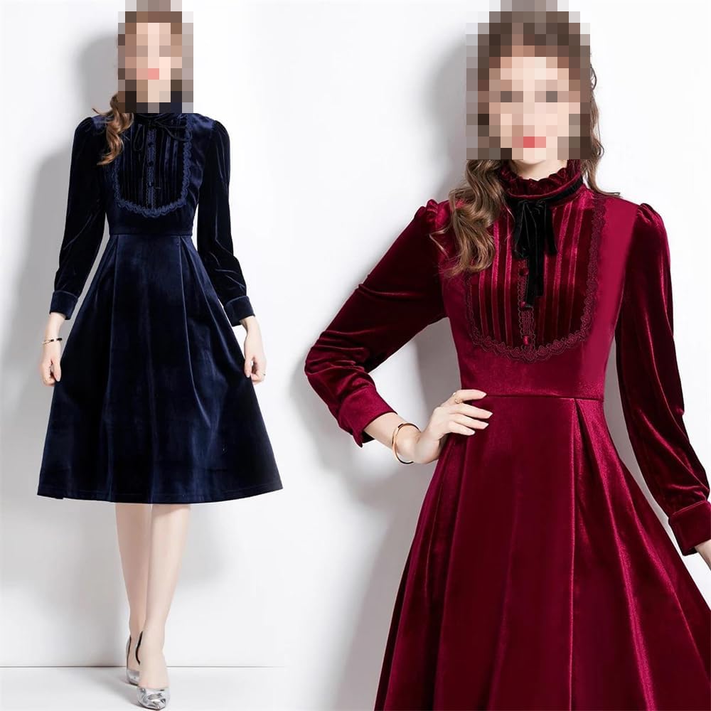 Abito In Velluto Donna Maniche Lunghe Scollo Rotondo – Gonna Corta Per Feste E Serate – Colore Blu Rosso Vinaccia Taglia 40 (UK12/XL) - 4