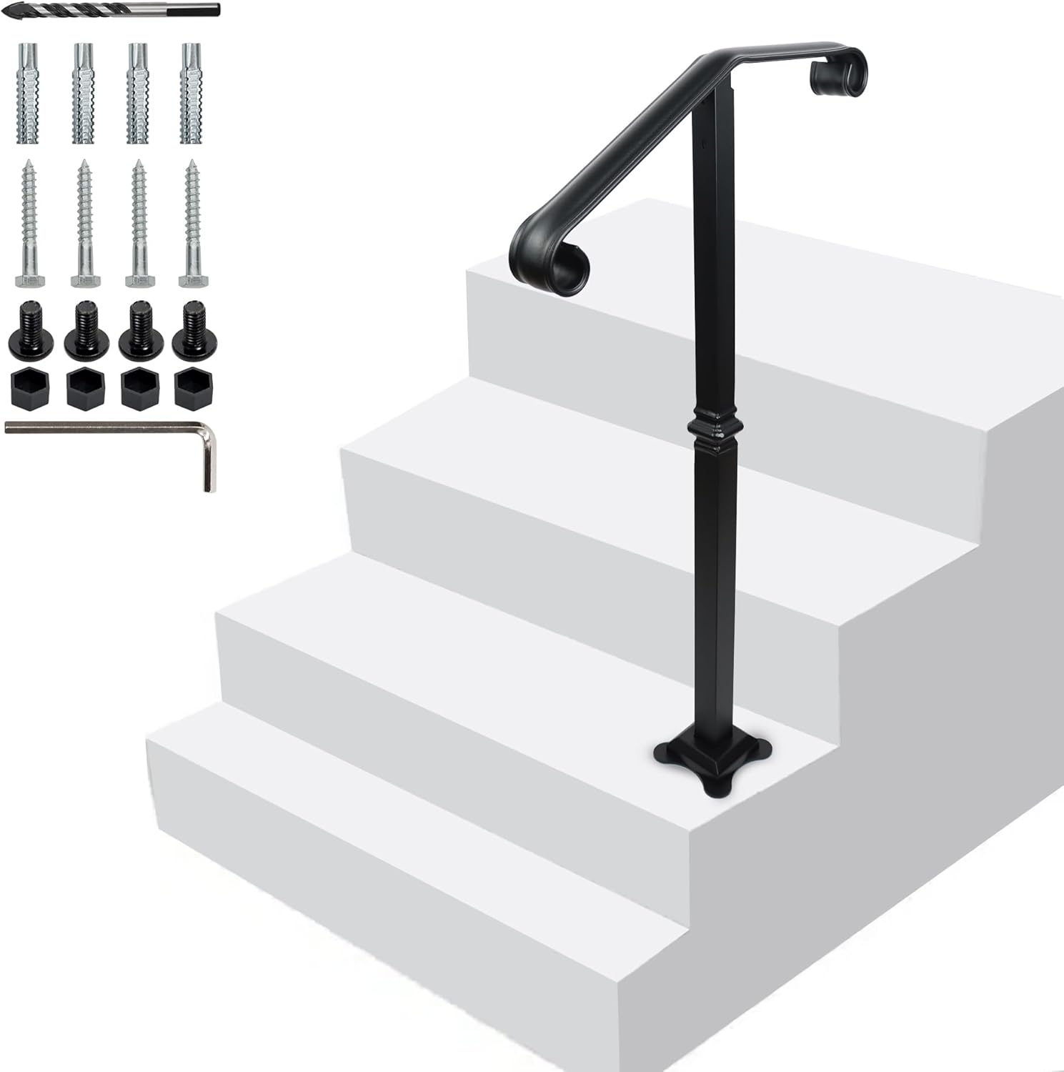 Handrail Railing, Single Post Handrail, Stair Railing for Concrete, Sturdy Handrails with Base, Wrought Iron Stair Handrail for 1 or 2 Steps, Grab Rail for Steps Porch, Railings for Outdoor Step Single Column