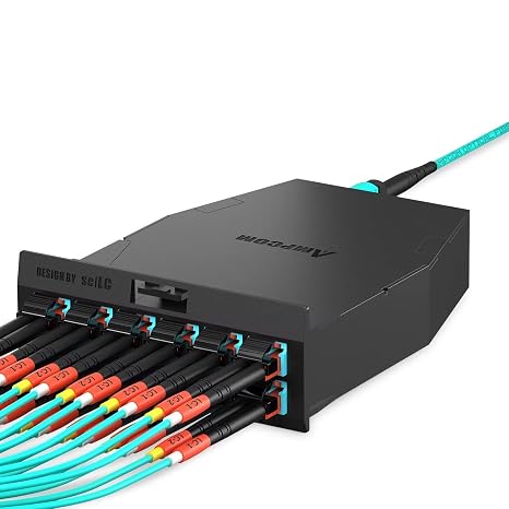 AMPCOM MPO to LC Breakout Cable 50/125m MultiMode OM3-300(24 Fiber,MPO to LC, Type B, LSZH/Riser, UPC, Aqua) 1m (3ft)